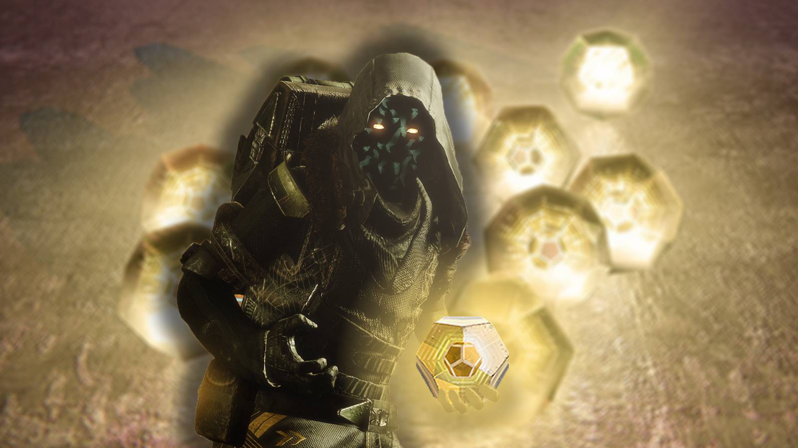 Xur holding an exotic engram in Destiny 2 with a pile of exotic engrams behind him.