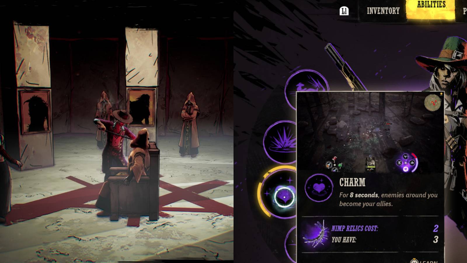 A cutscene featuring characters and the ability menu in Weird West 