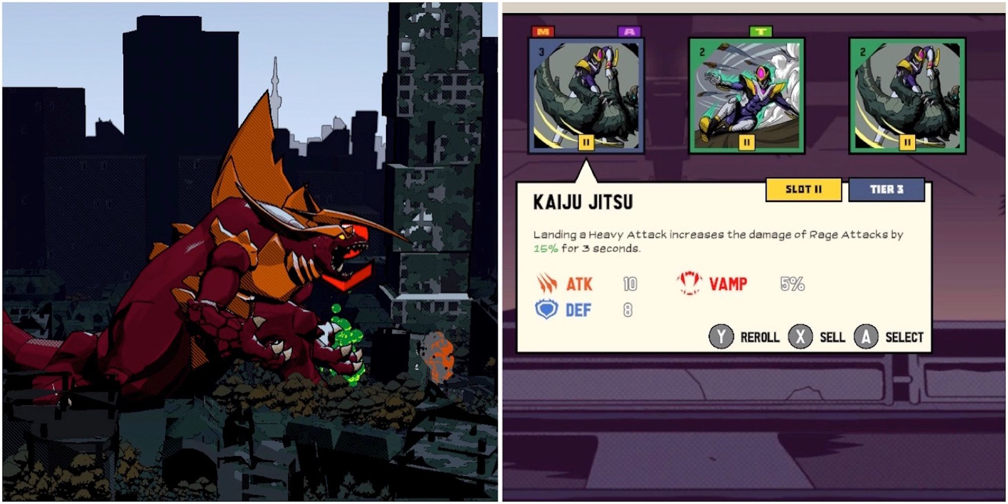 Megadon and the gear menu in Dawn of the Monsters