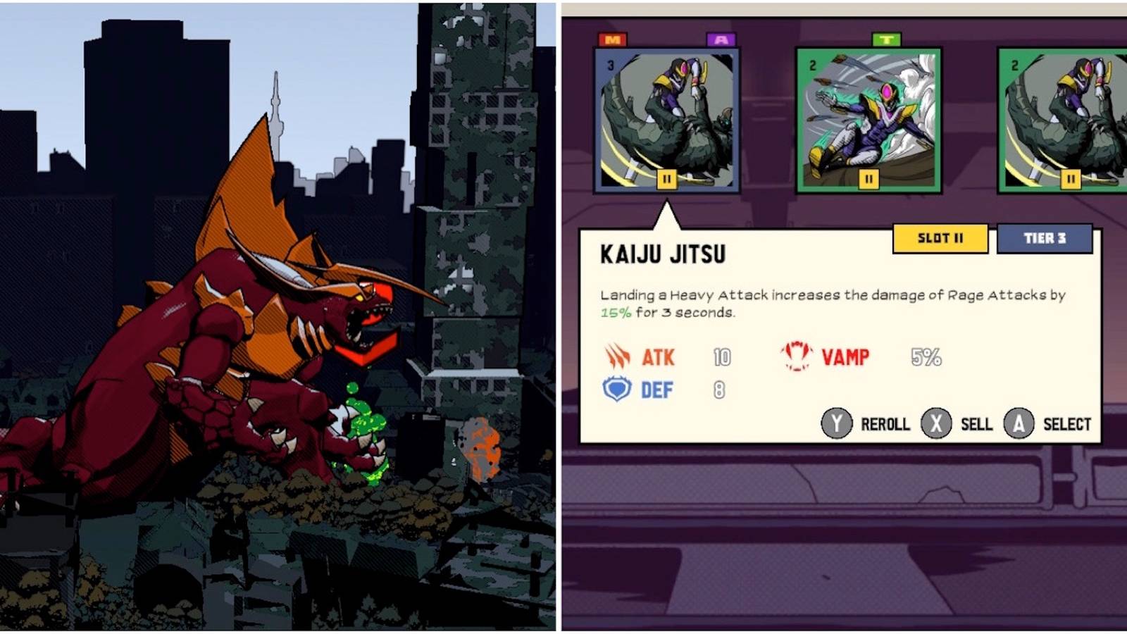 Megadon and the gear menu in Dawn of the Monsters