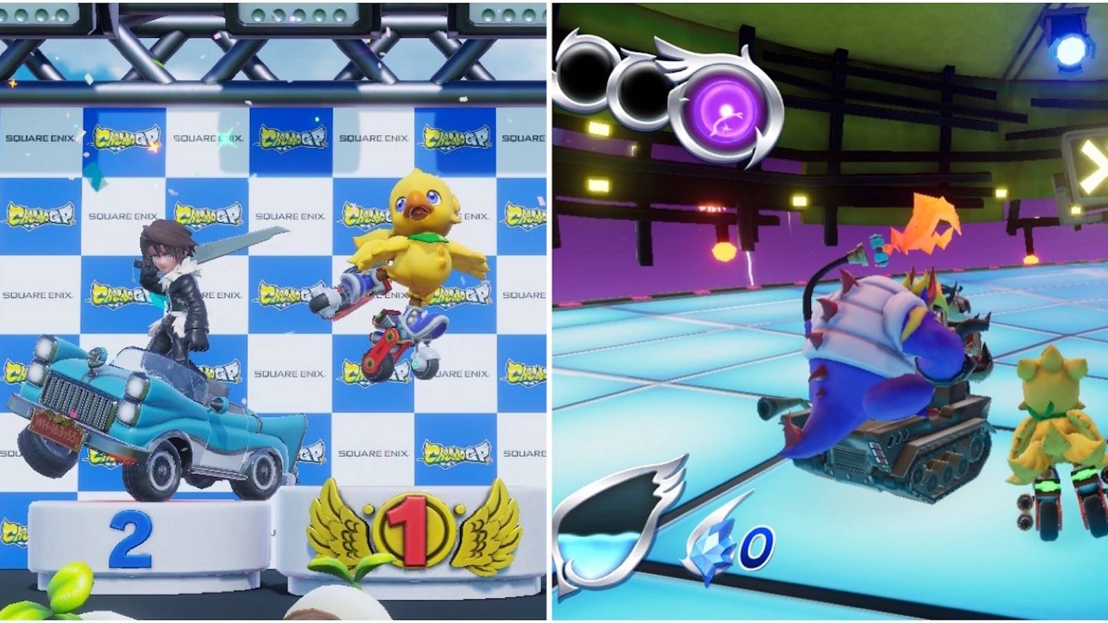 The victory screen and racing in Chocobo GP