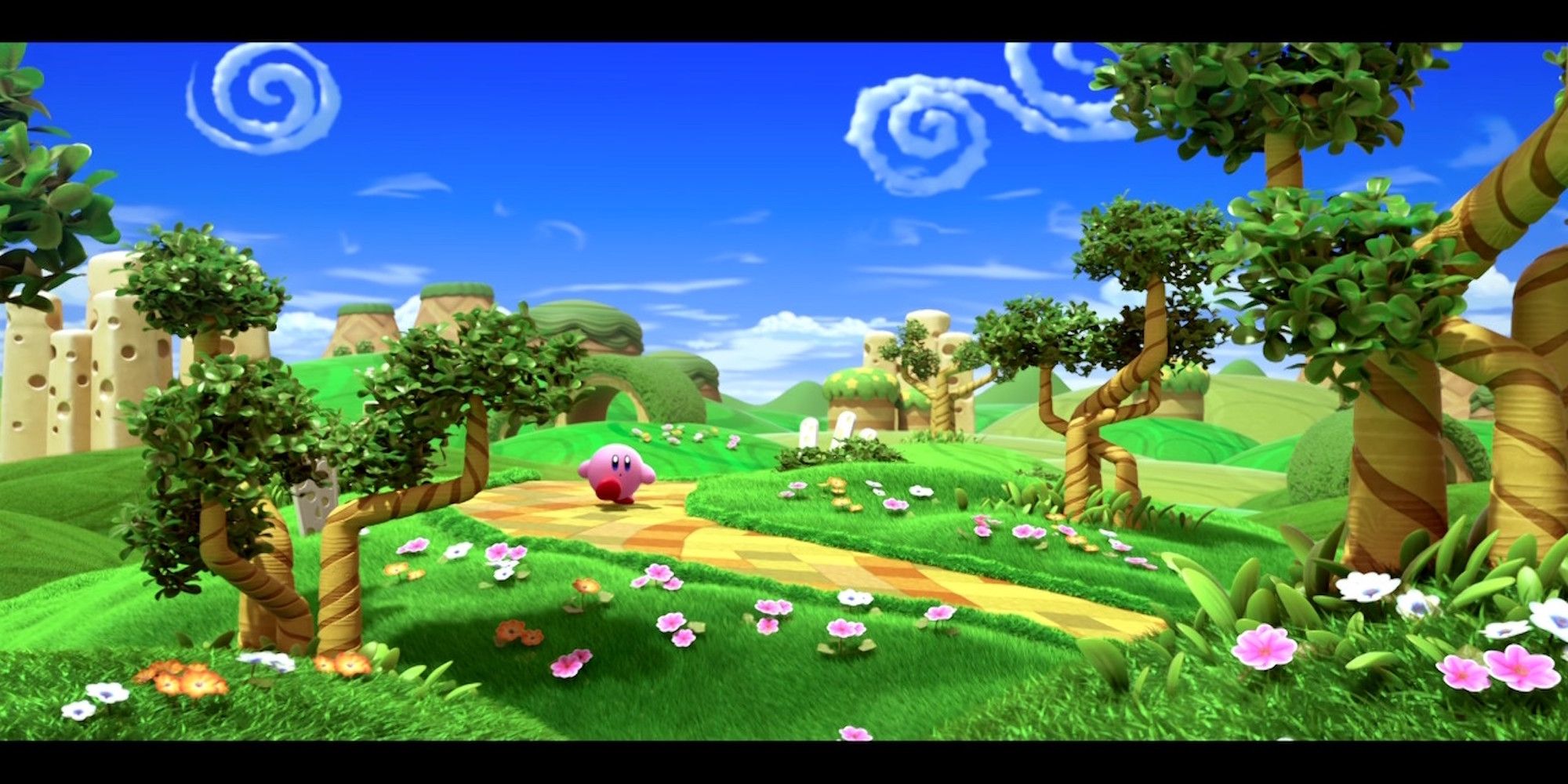 A cutscene featuring Kirby exploring in Kirby and the Forgotten Land