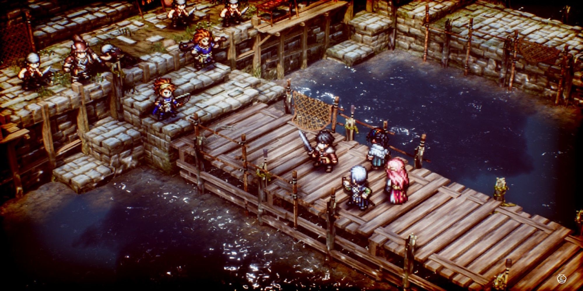 A scene featuring characters from Triangle Strategy