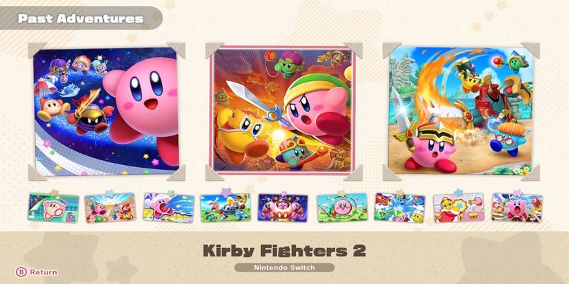 The past adventures menu in Kirby and the Forgotten Land