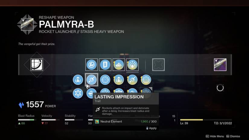 destiny 2 the witch queen expansion weapon crafting god roll palmyra-b stasis rocket launcher best perks guide boss dps raid