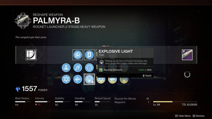 destiny 2 the witch queen expansion weapon crafting god roll palmyra-b stasis rocket launcher best perks guide boss dps raid