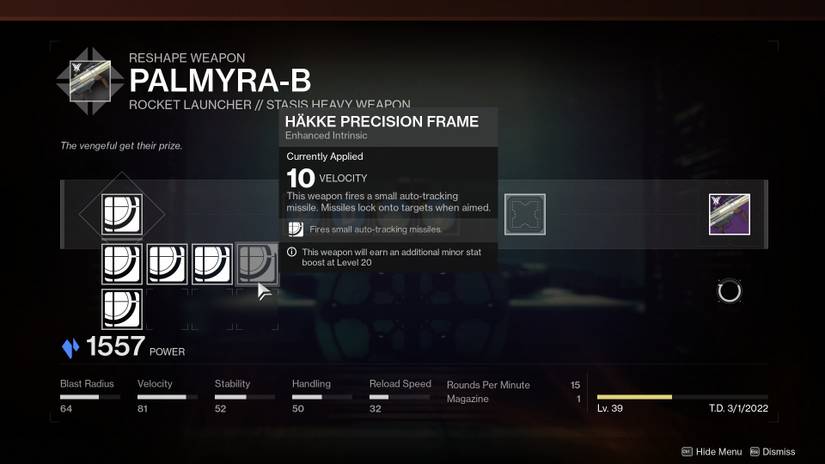 destiny 2 the witch queen expansion weapon crafting god roll palmyra-b stasis rocket launcher best perks guide boss dps raid