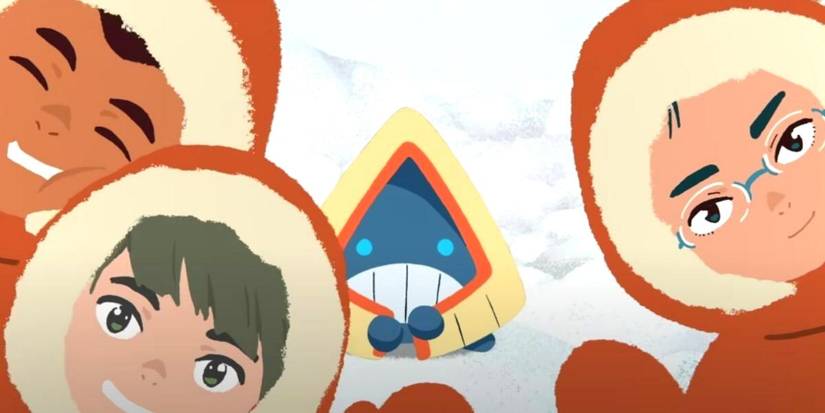 Poketoon: 3 Friends In Coats Smile Around Snorunt In The Snow