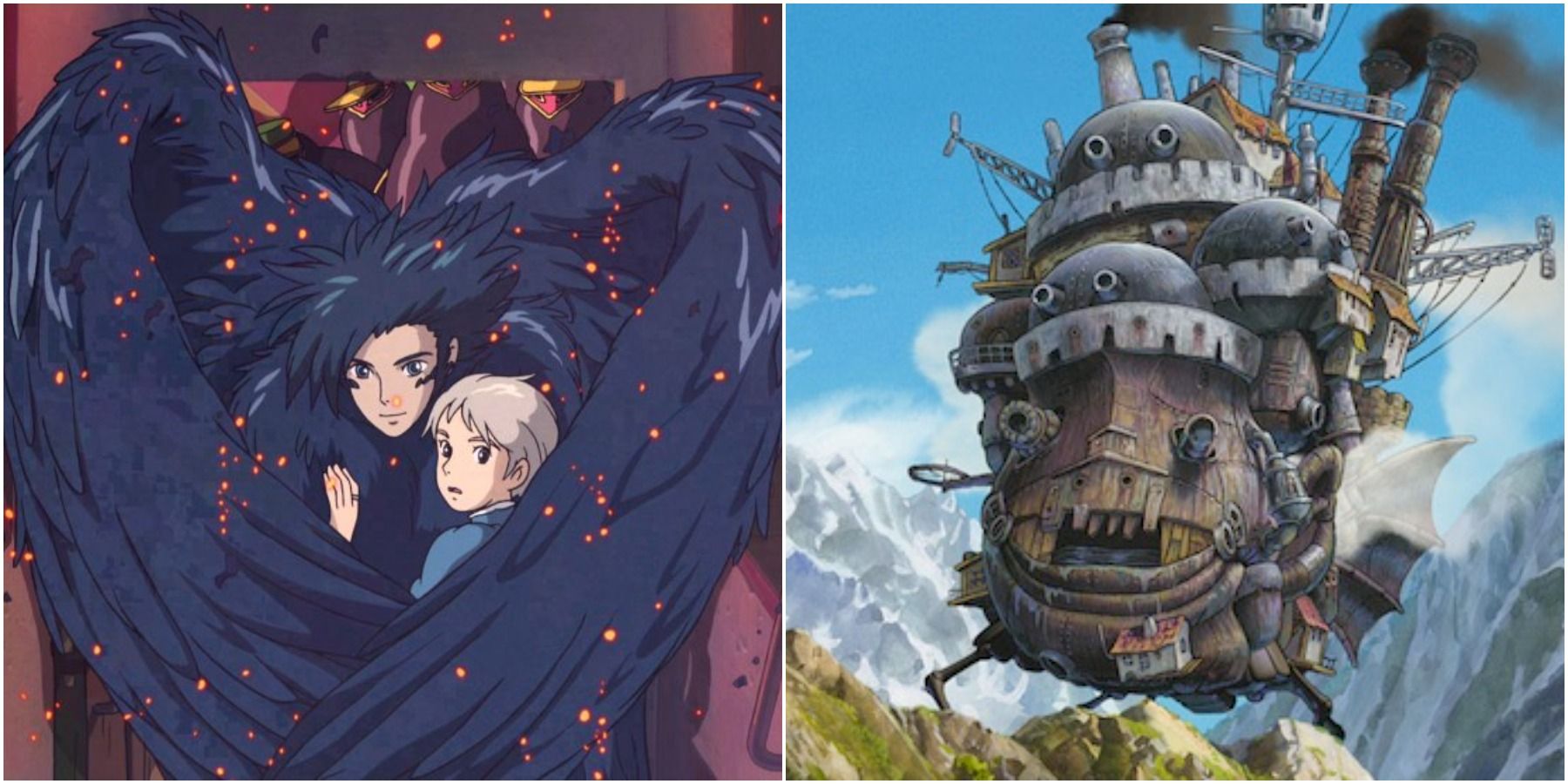 Split image of Howl, Sophie, and the moving castle.