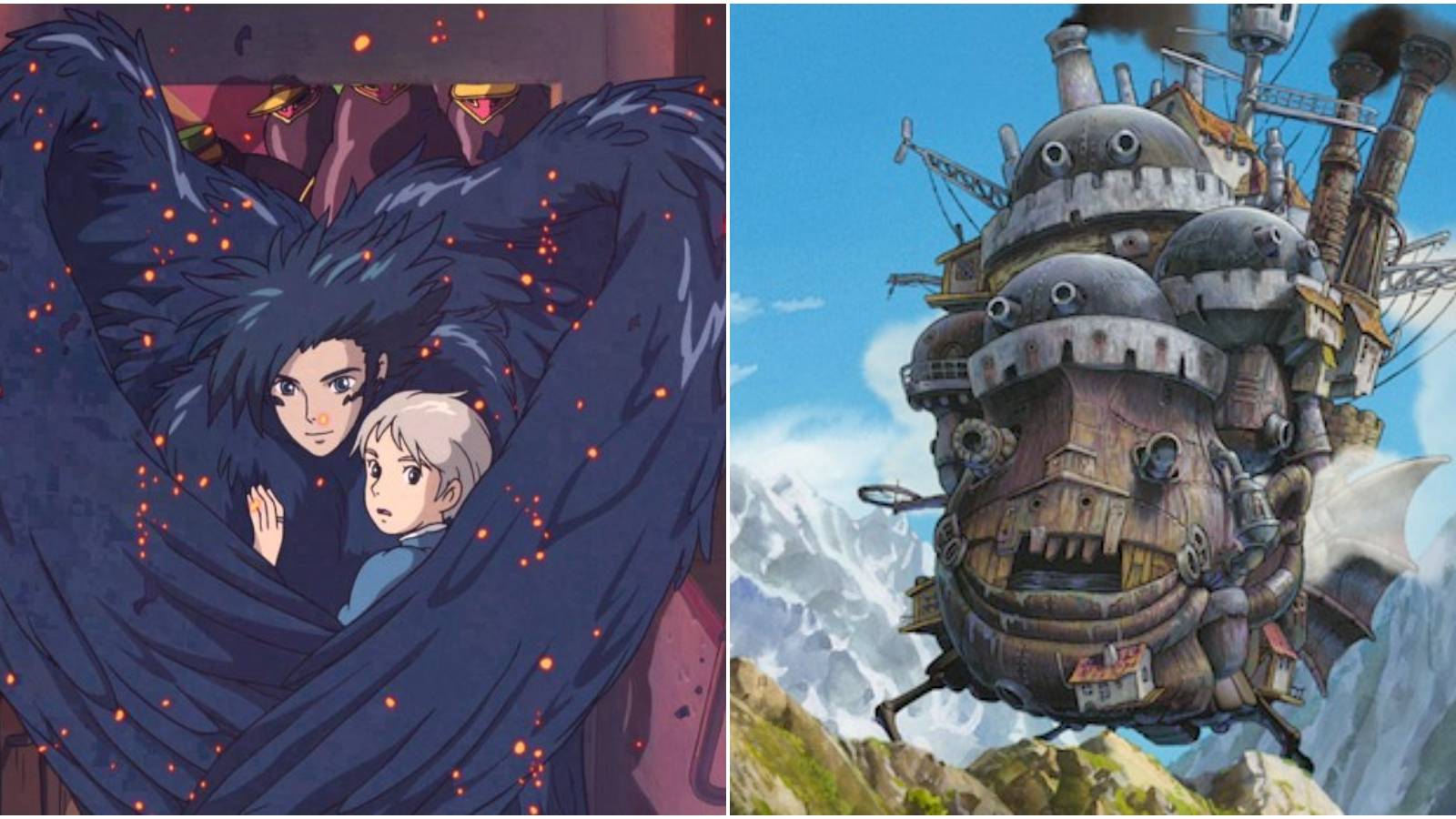 Split image of Howl, Sophie, and the moving castle.