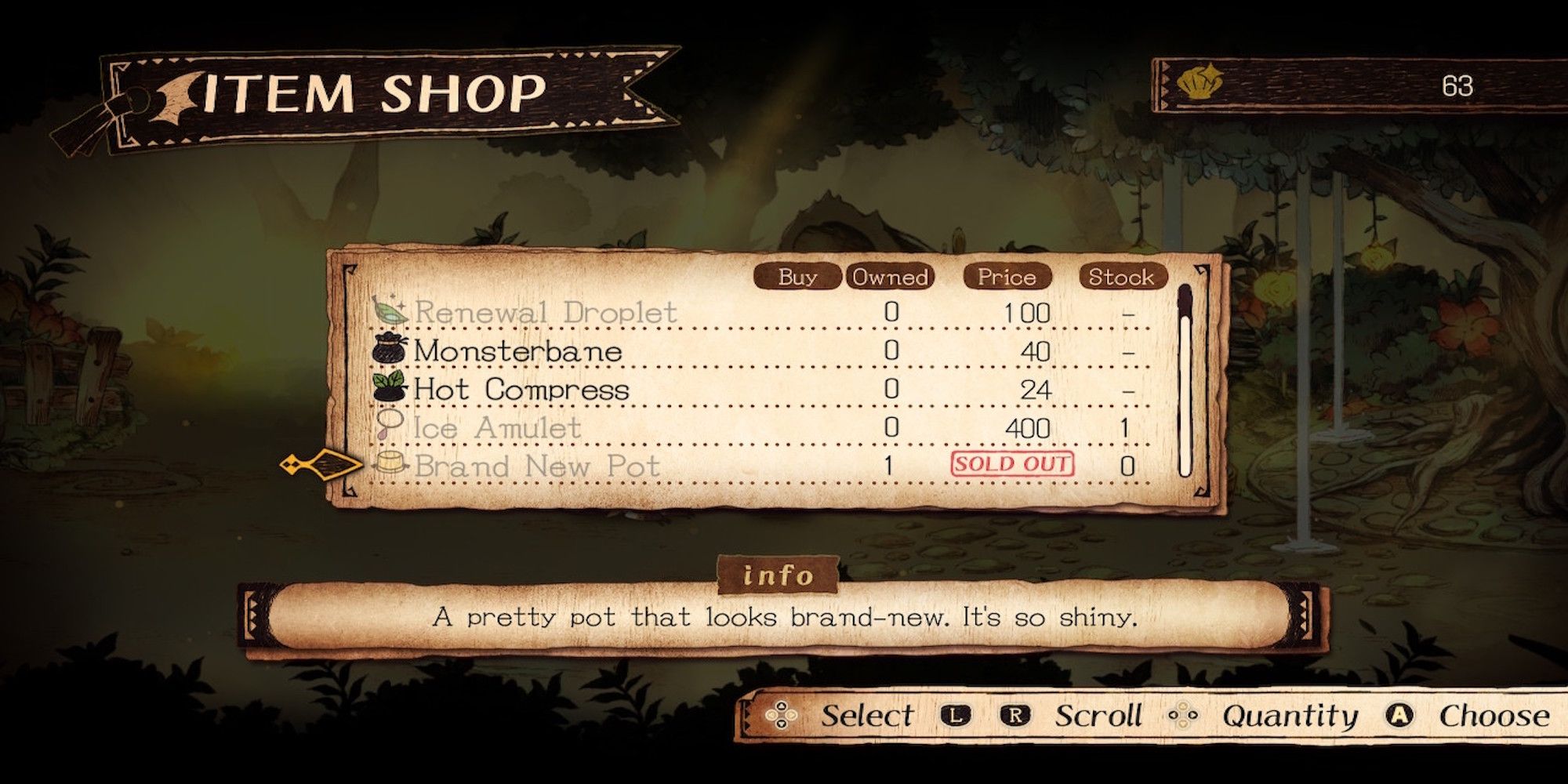 The shop menu from The Cruel King and the Great Hero