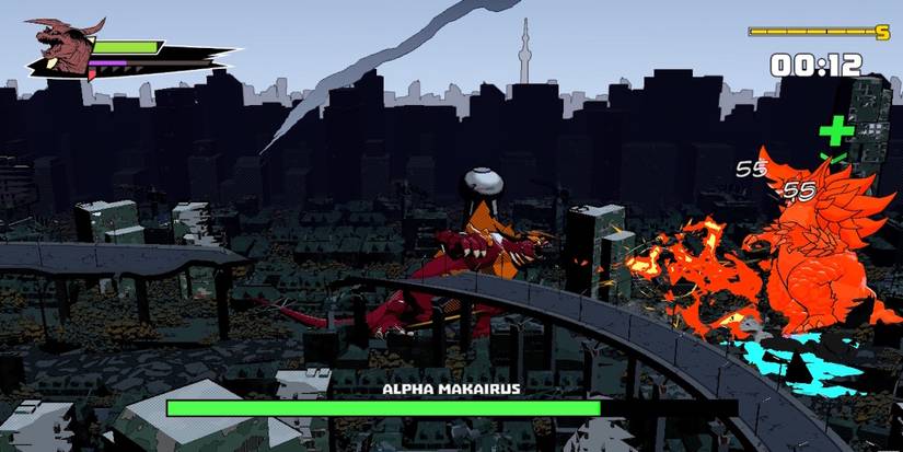 Fighting a boss in Dawn of the Monsters