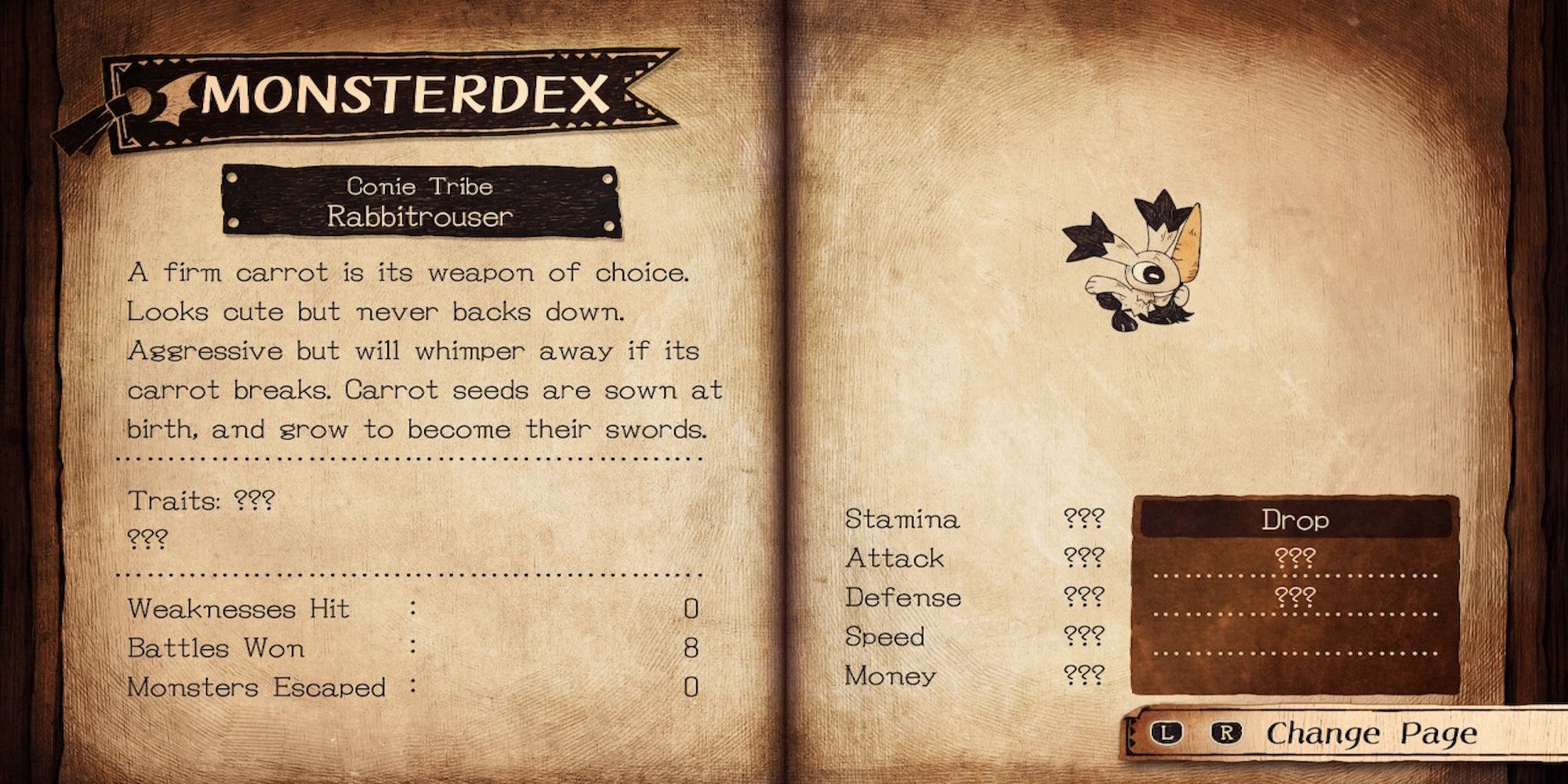 The MonsterDex menu from The Cruel King and the Great Hero
