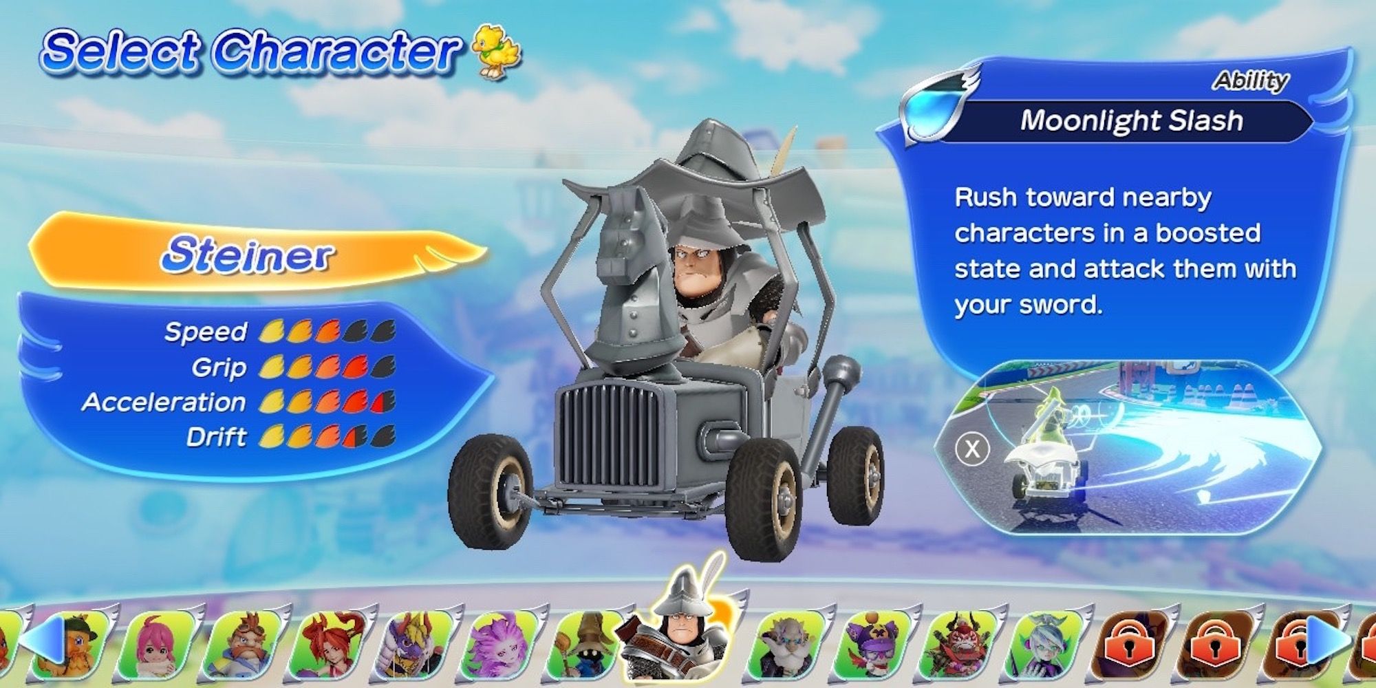 The character select screen on Steiner in Chocobo GP