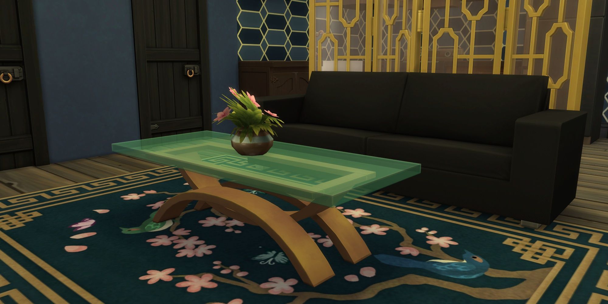 A bronze and glass coffee table from The Sims 4: Decor to the Max