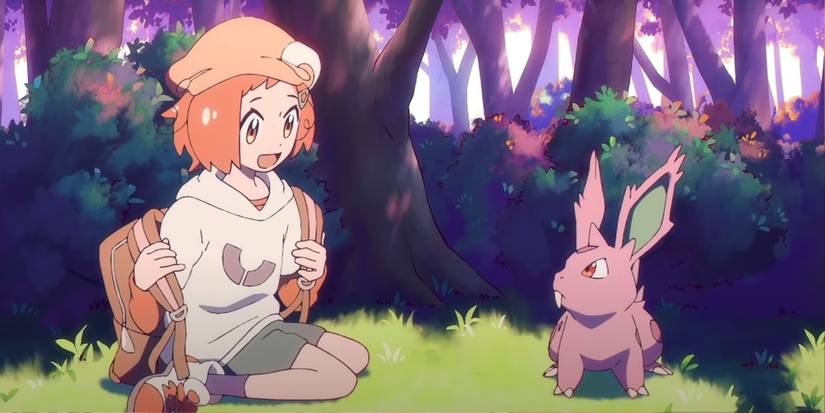 Poketoon: Trainer Tsubomi Sitting On Grass With A Nidoran