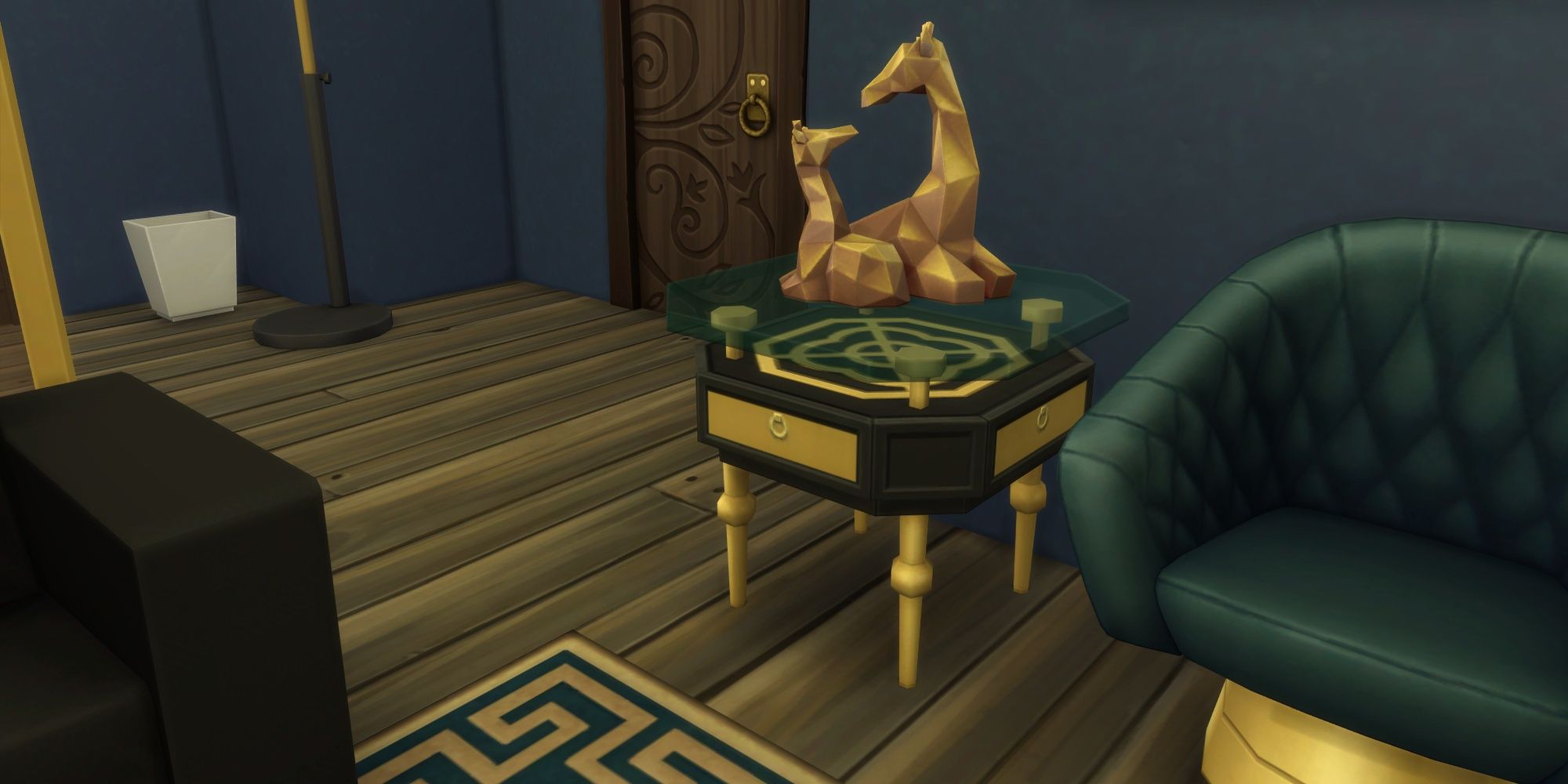 A black, gold, and glass end table from The Sims 4: Decor to the Max