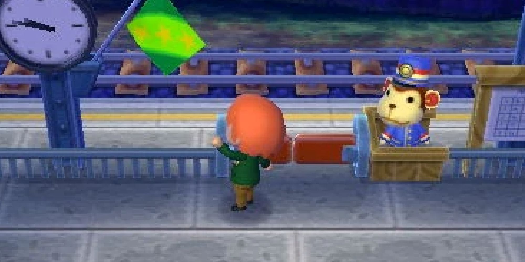 A player changing the flag in the Train Station near Porter in Animal Crossing New Leaf