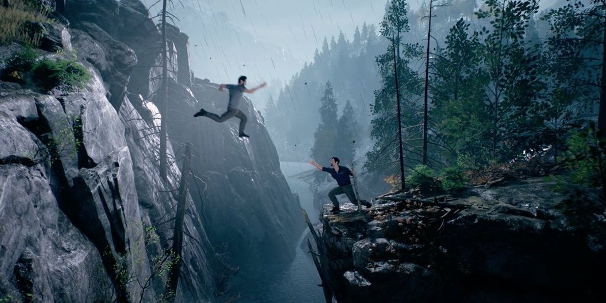 Лео прыгает со скалы, пока Винсент пытается его поймать в «Выходе».