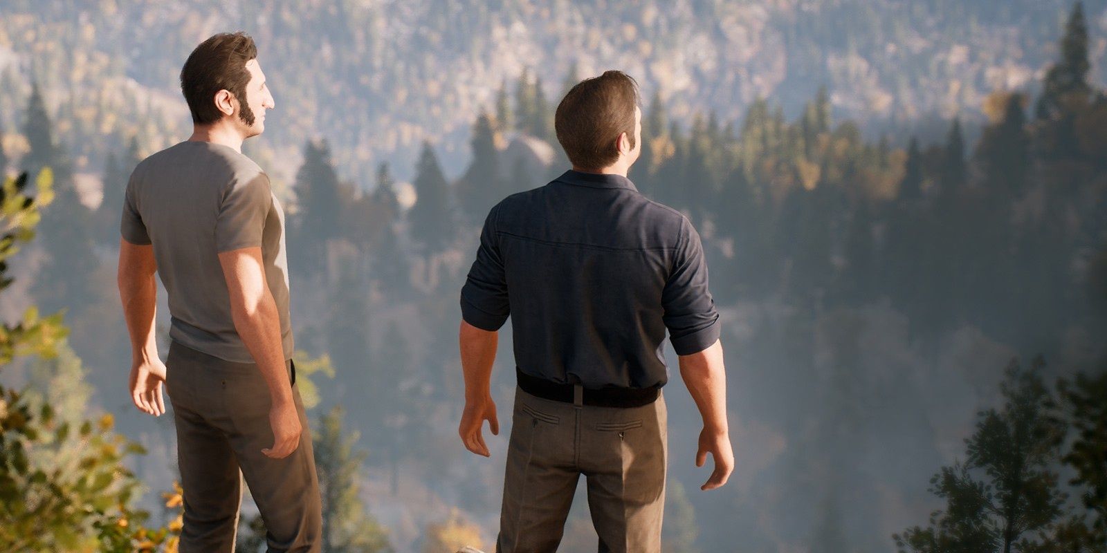 Leo and Vincent staring out into a forest in A Way Out