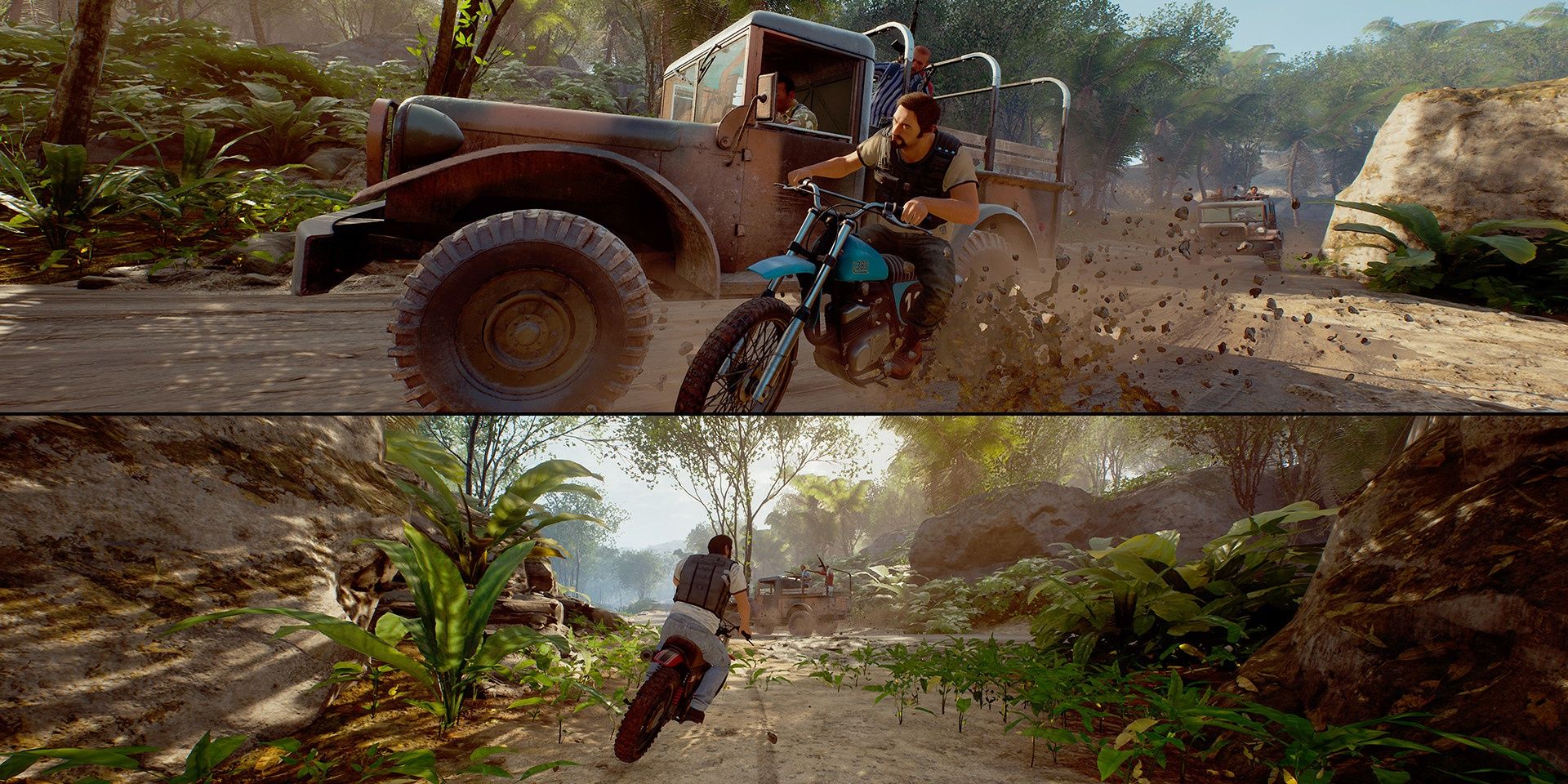A motorcycle chase through a jungle in A Way Out