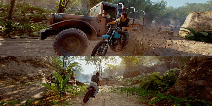 A motorcycle chase through a jungle in A Way Out