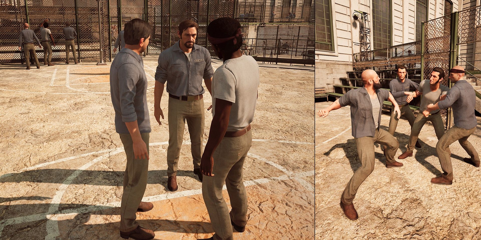 Vincent chatting while Leo fights at the prison yard in A Way Out