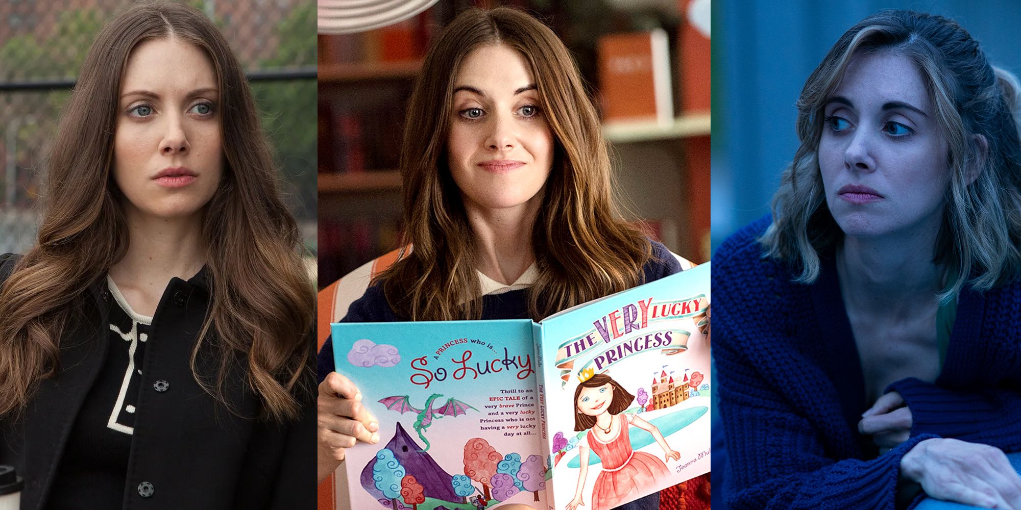 Alison Brie sitting in a park in Sleeping With Other People; Brie reading a children's book in How to be Single; Brie sitting by a pool in The Rental
