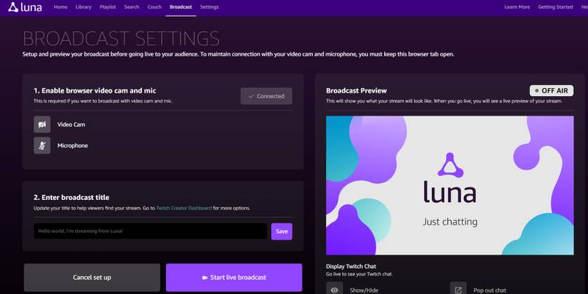 Amazon Luna Twitch broadcast settings