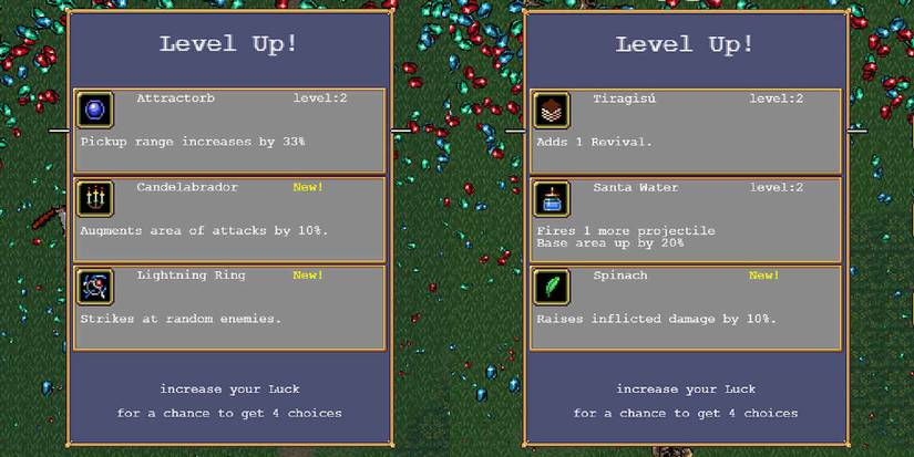 The Attractorb and Tiragisu accessories in Vampire Survivors