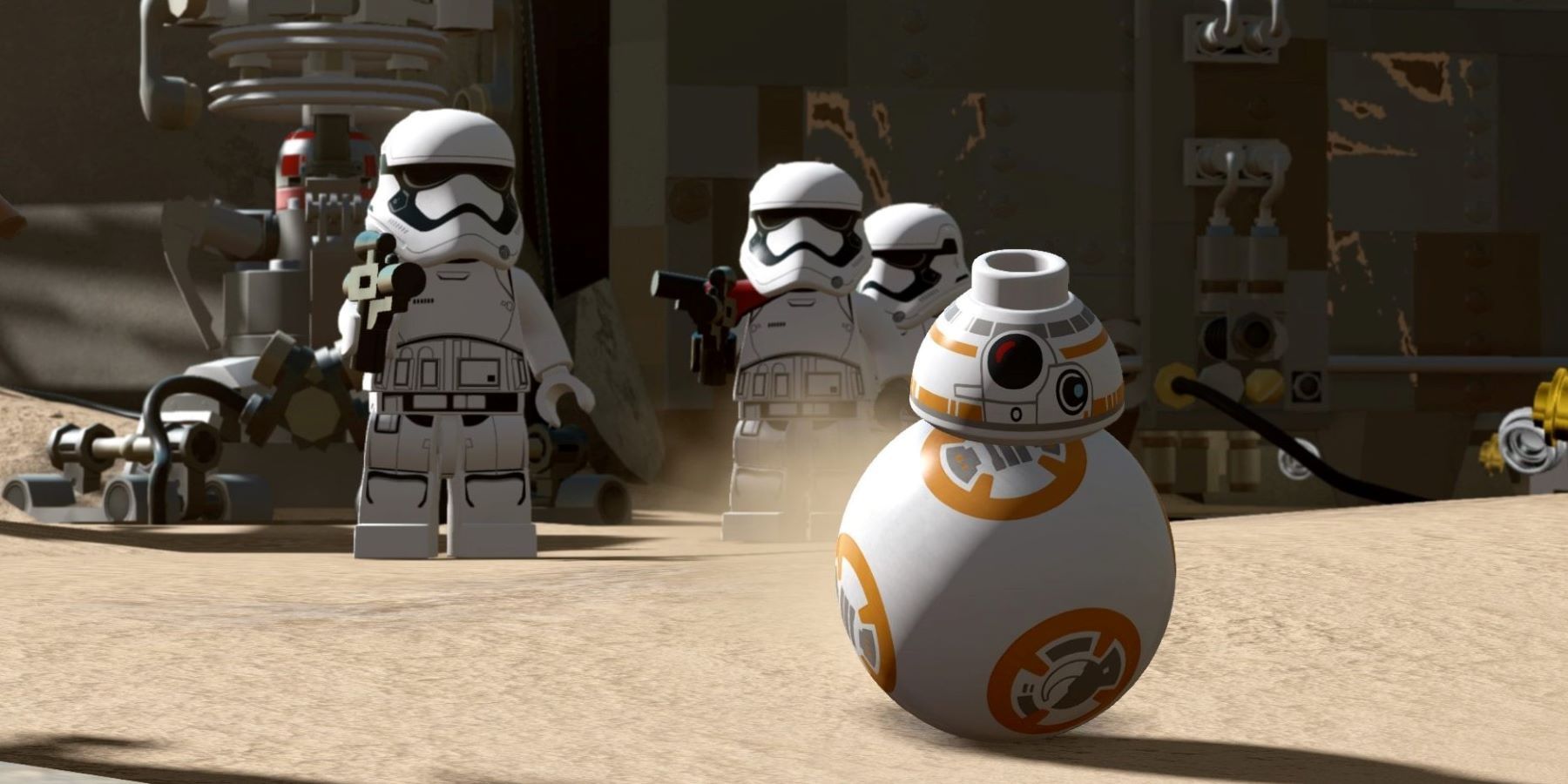 BB-8 on Jakku in front of First Order troopers in LEGO Star Wars: The Force Awakens