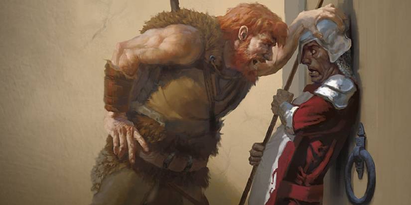 Barbarian intimidating a guard