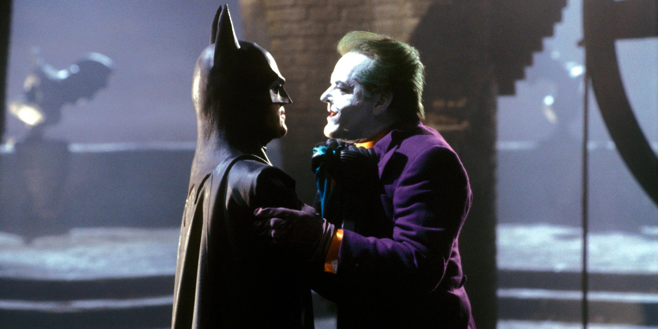 Batman confronting the Joker in Batman 1989