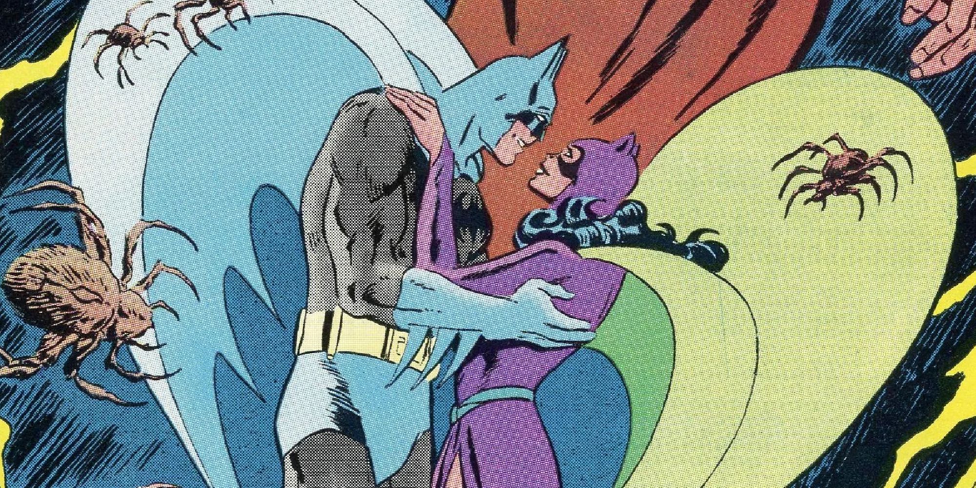 Batman e Mulher-Gato se abraçando na capa da Autobiografia de Bruce Wayne