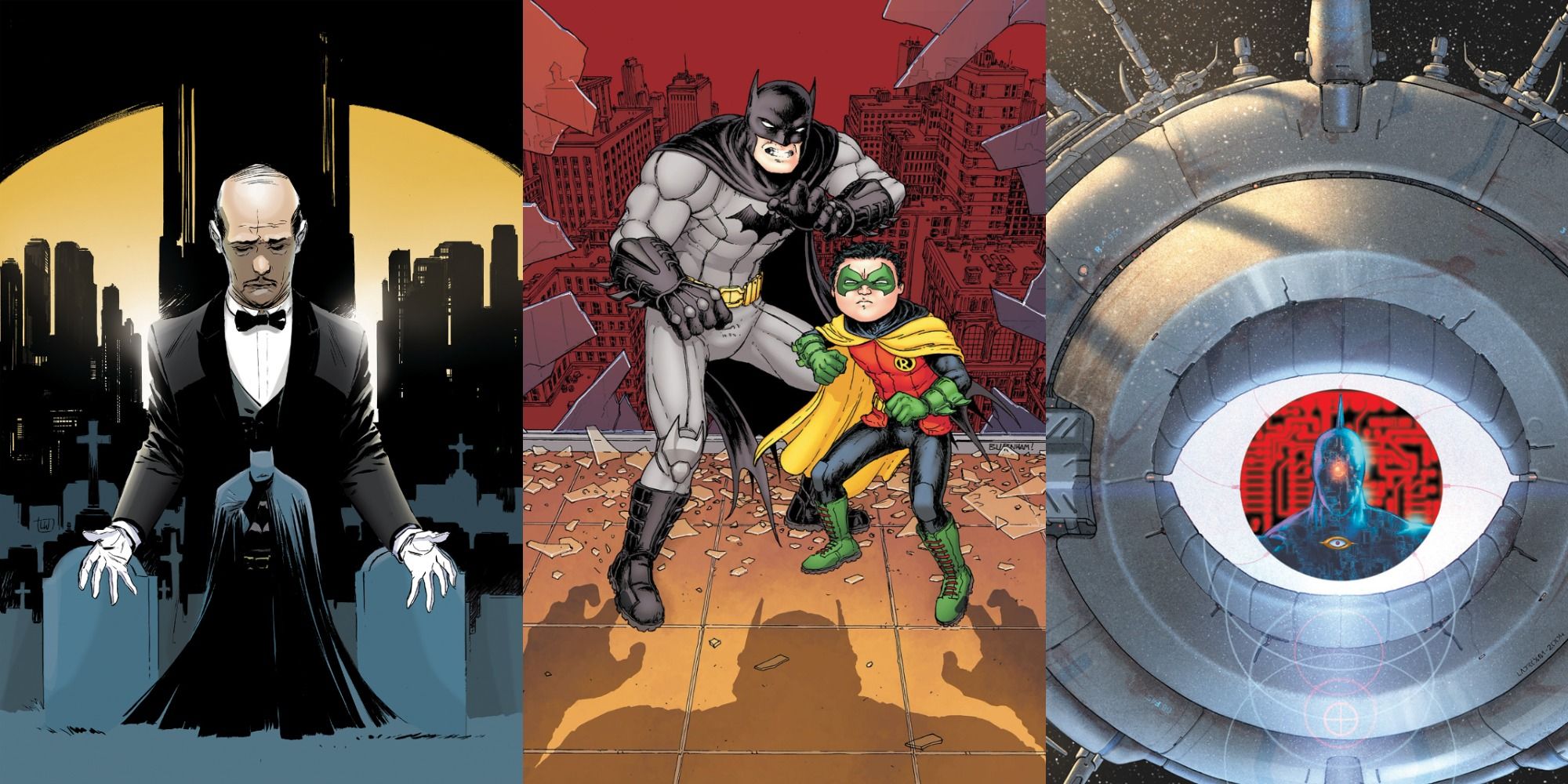 Batman's Worst Mistakes Split Featured Alfred looking over Batman, Batman and Robin fighting, and Brother Eye