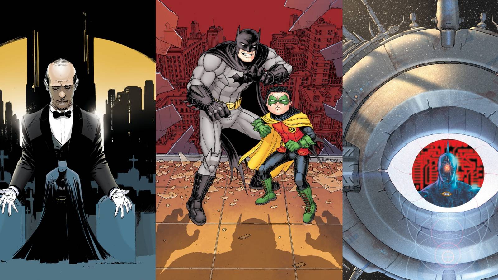 Batman's Worst Mistakes Split Featured Alfred looking over Batman, Batman and Robin fighting, and Brother Eye