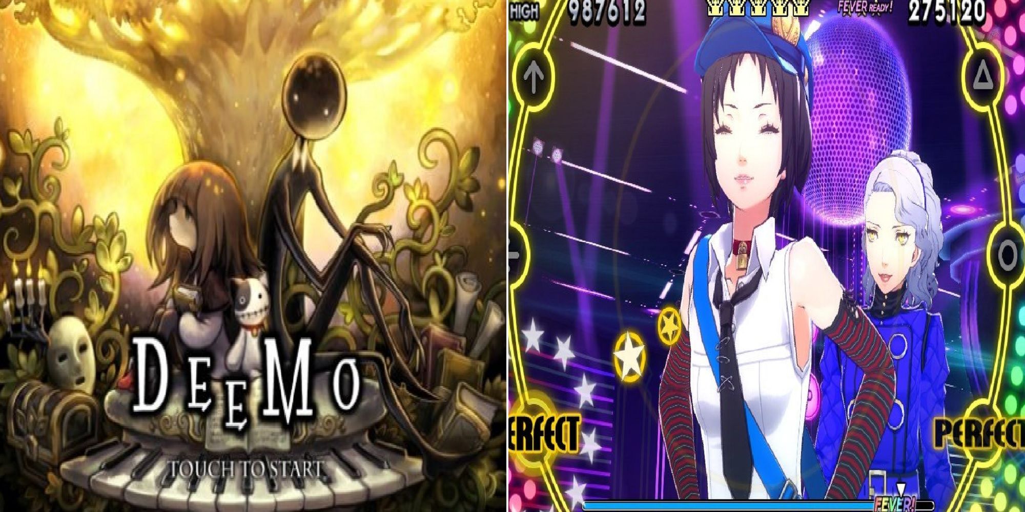 Split image Deemo intro screen art and two characters shown in Persona 4: Dancing All Night Stage with Perfect icons PS Vita