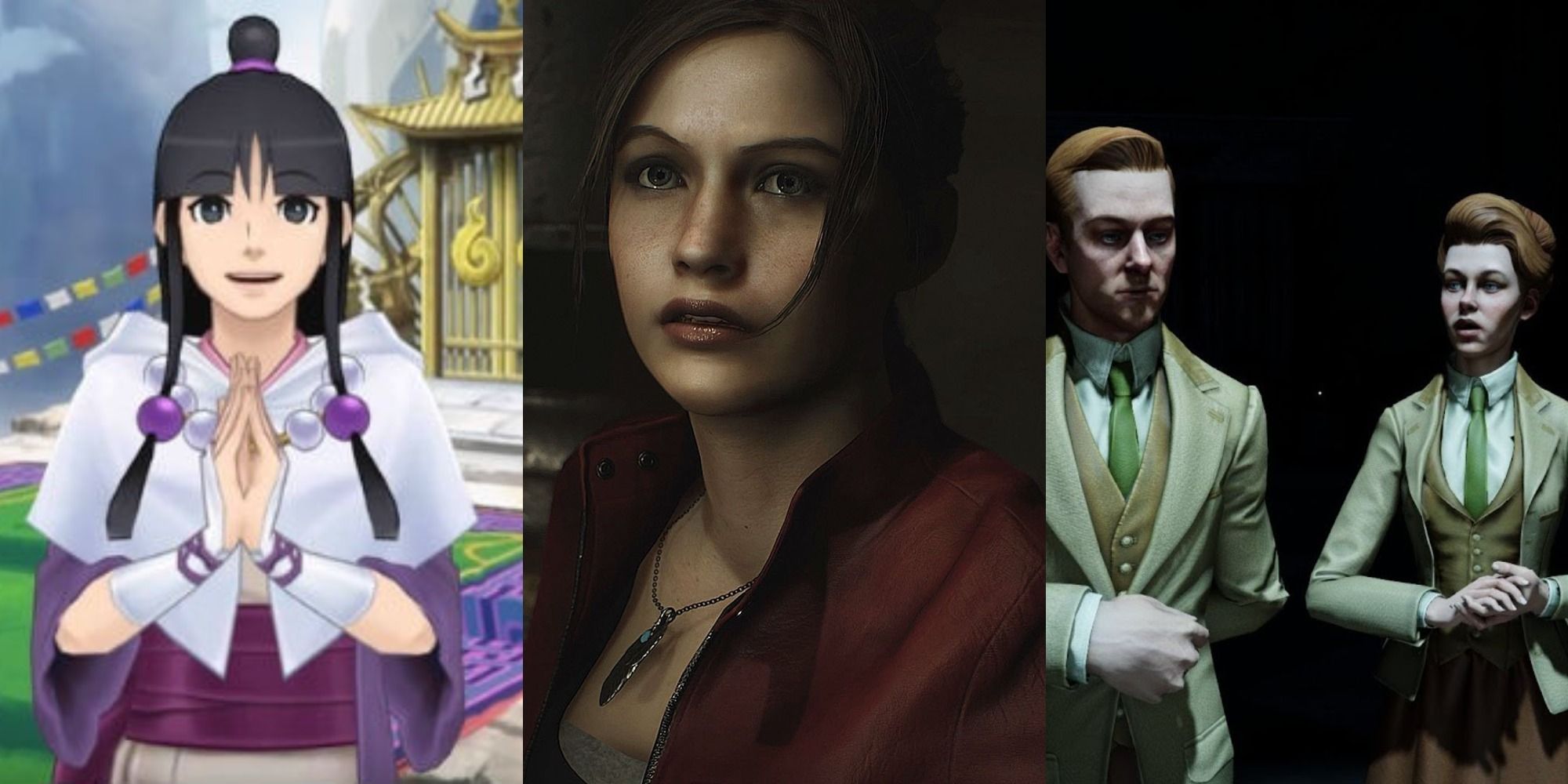 Best Sisters in Videogames split featured Maya Fey, Claire Redfield, and Lutece Twins