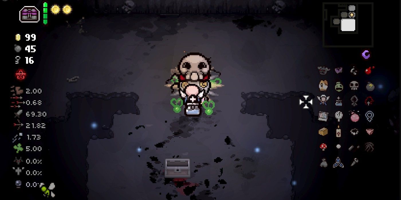 Binding of Isaac Repentance Keeper's Sack with multiple buffs and items at empty treasure chest
