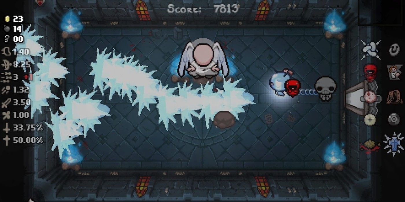 Binding of Isaac Repentance firing Trisagion blue projectile at demon foe