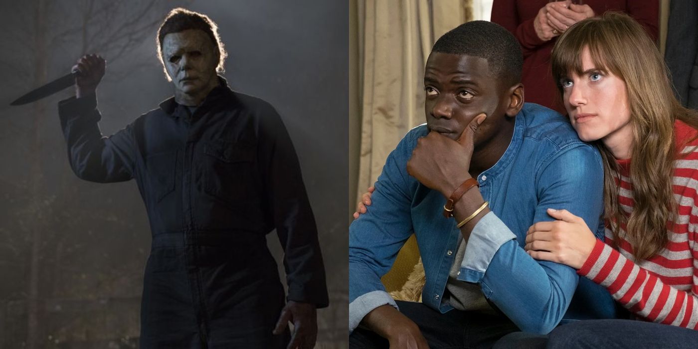 Split image of Michael Myers in Halloween (2018) and Chris (Daniel Kaluuya) and Rose (Allison Williams) in Get Out