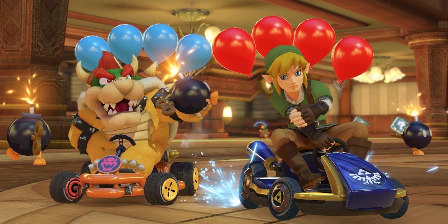 Bowser throwing a Bob-Omb at Link in Mario Kart 8 Deluxe's Battle Mode