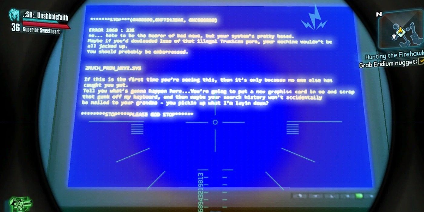 Borderlands 2 Lilith computer blue screen error message viewed from scope