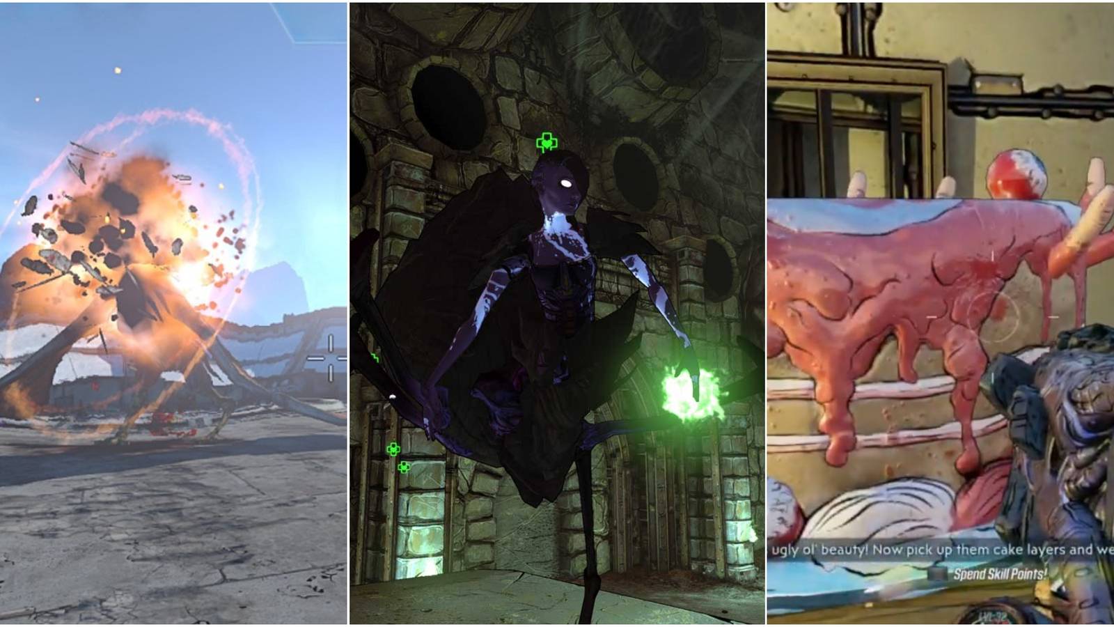 Split image of exploding Bloodwing, evil Angel boss, Finger eye cake in Borderlands