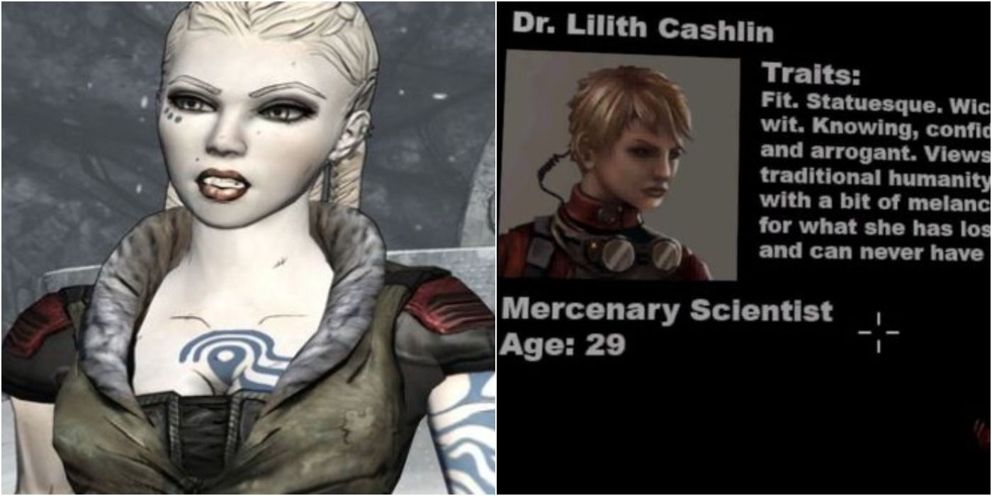 split image of Borderlands Lilith Original Concepts with white hair and Dr. Lilith Cashlin mercenary scientist card
