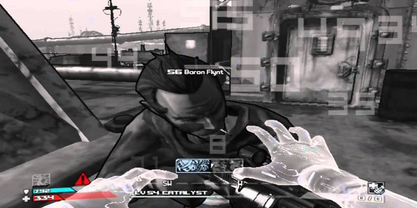 Borderlands Lilith phasewalk in front of Baron Flynt hands out in black and white