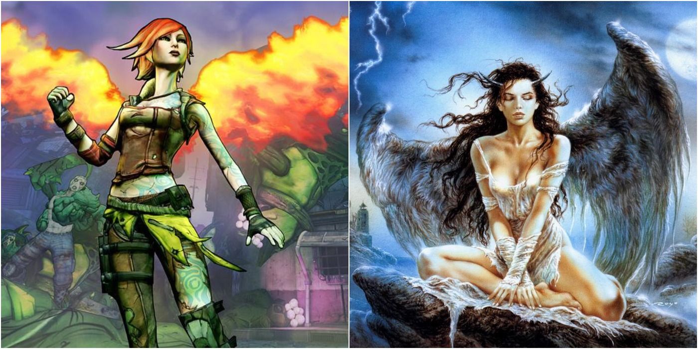  split image of Borderlands Lilith religious mythological origin winged angel
