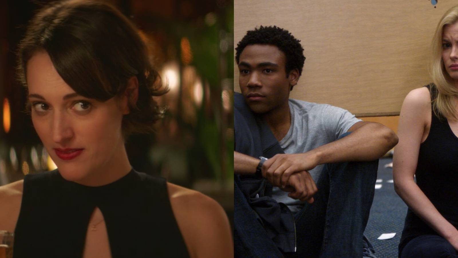 Fleabag at dinner with her family in Season 2 Episode 1; Donald Glover and Gillian Jacobs sitting together in Cooperative Calligraphy