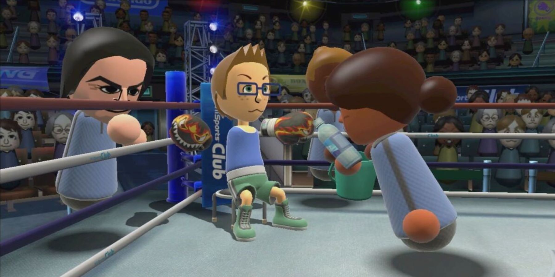 A Mii resting between rounds in Wii Sports' boxing mode