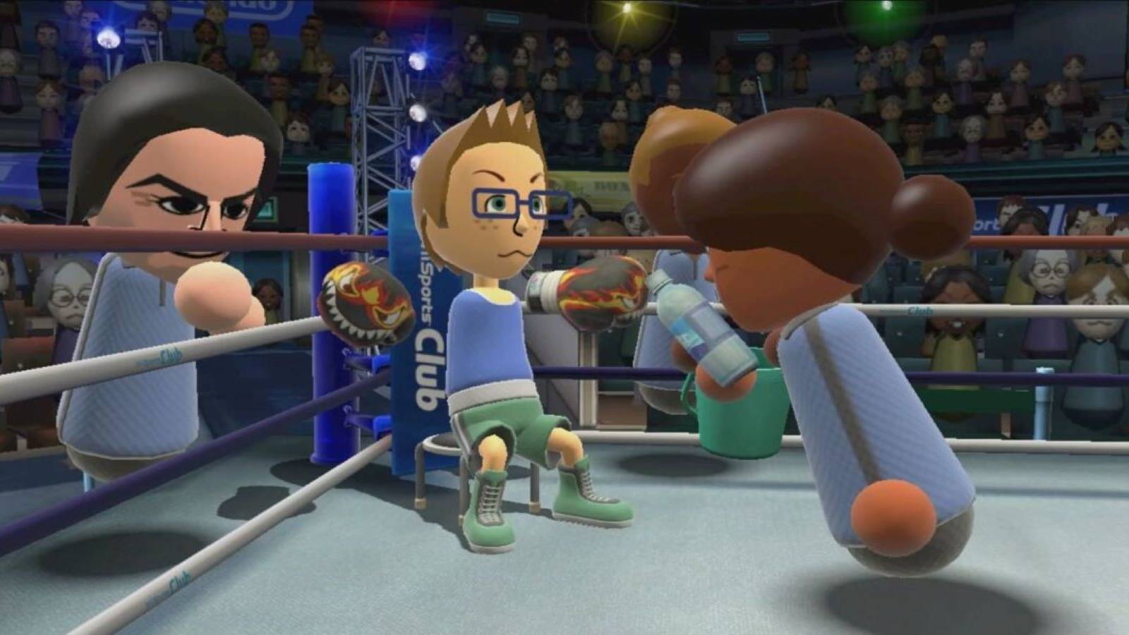 A Mii resting between rounds in Wii Sports' boxing mode